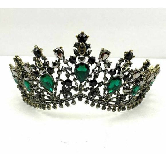 Green Black Rhinestone Bronze Tone Metal Tiara Crown Elegant Bridal Prom NEW - Picture 1 of 10